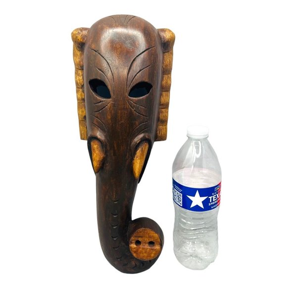 Large 14" x 5.75" Wood Elephant Wall Sconce Hand Carved in India - Picture 5 of 9